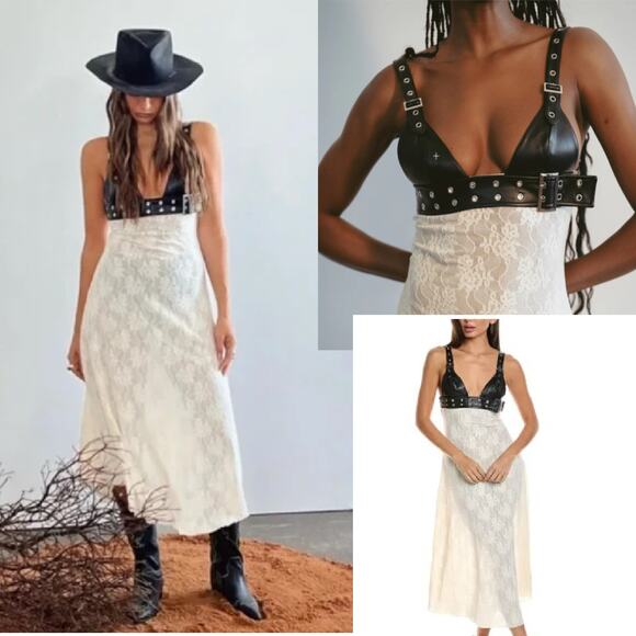 NEW WeWoreWhat Belt Bodice Lace Midi Maxi Dress Sz 8 Black Vegan Leather Ivory - Picture 1 of 15